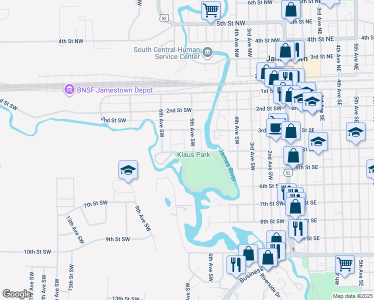 map of restaurants, bars, coffee shops, grocery stores, and more near 331 5th Avenue Southwest in Jamestown