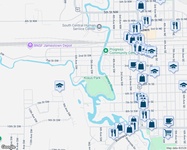 map of restaurants, bars, coffee shops, grocery stores, and more near 331 5th Avenue Southwest in Jamestown