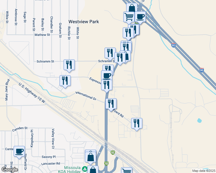 map of restaurants, bars, coffee shops, grocery stores, and more near North Reserve Street & Expressway in Missoula