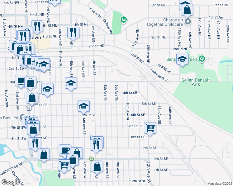 map of restaurants, bars, coffee shops, grocery stores, and more near 900 4th Street Southeast in Jamestown