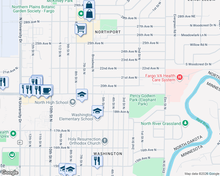map of restaurants, bars, coffee shops, grocery stores, and more near 401 19th Avenue North in Fargo
