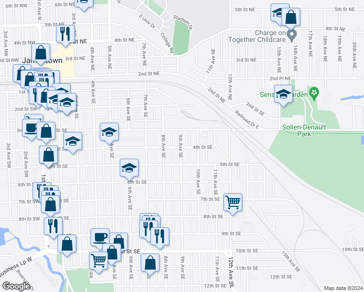 map of restaurants, bars, coffee shops, grocery stores, and more near 900-948 4th Street Southeast in Jamestown