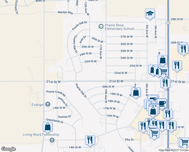 map of restaurants, bars, coffee shops, grocery stores, and more near 1156 21st Street West in Dickinson