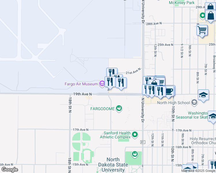map of restaurants, bars, coffee shops, grocery stores, and more near 1515-1563 19th Ave N in Fargo
