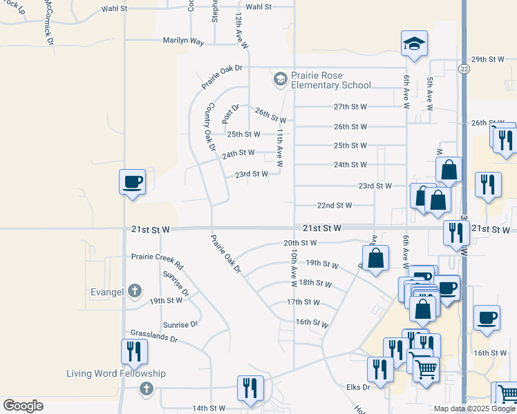 map of restaurants, bars, coffee shops, grocery stores, and more near 1190 23rd Street West in Dickinson