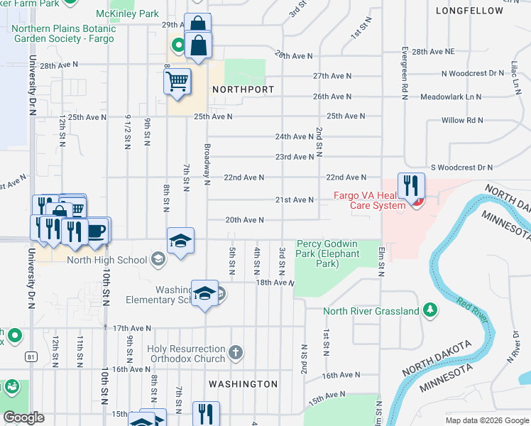 map of restaurants, bars, coffee shops, grocery stores, and more near 401 21st Avenue North in Fargo