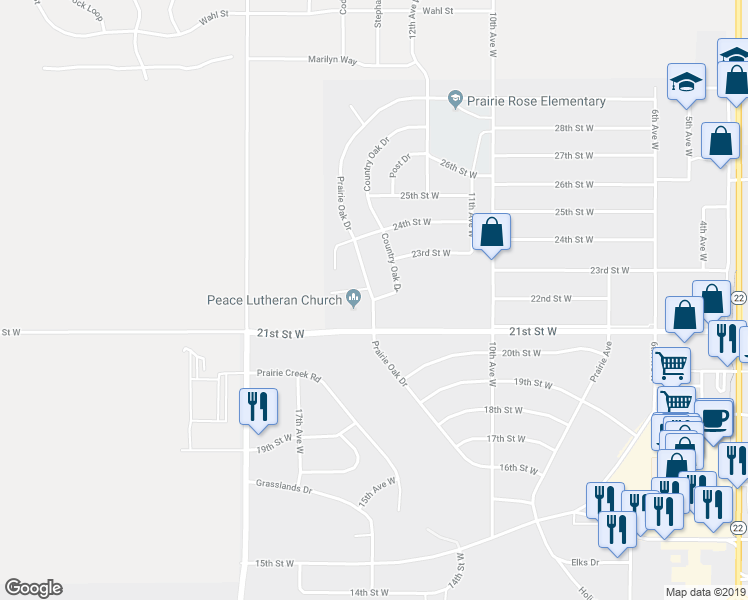 map of restaurants, bars, coffee shops, grocery stores, and more near 2200 Country Oak Drive in Dickinson