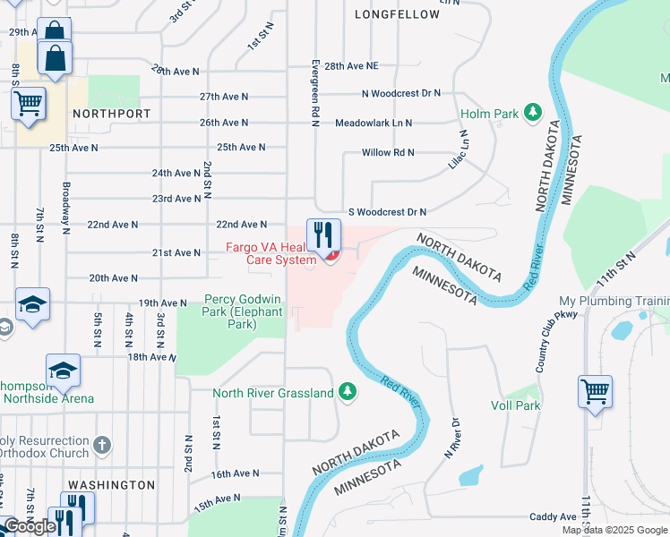map of restaurants, bars, coffee shops, grocery stores, and more near 2101 Elm Street North in Fargo