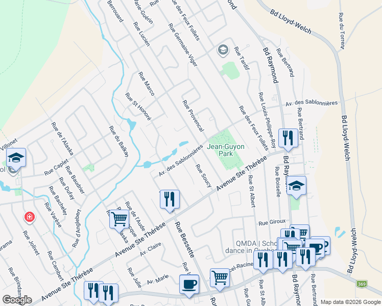 map of restaurants, bars, coffee shops, grocery stores, and more near 166d Avenue des Sablonnières in Québec