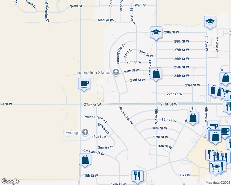 map of restaurants, bars, coffee shops, grocery stores, and more near 2272 Prairie Oak Drive in Dickinson