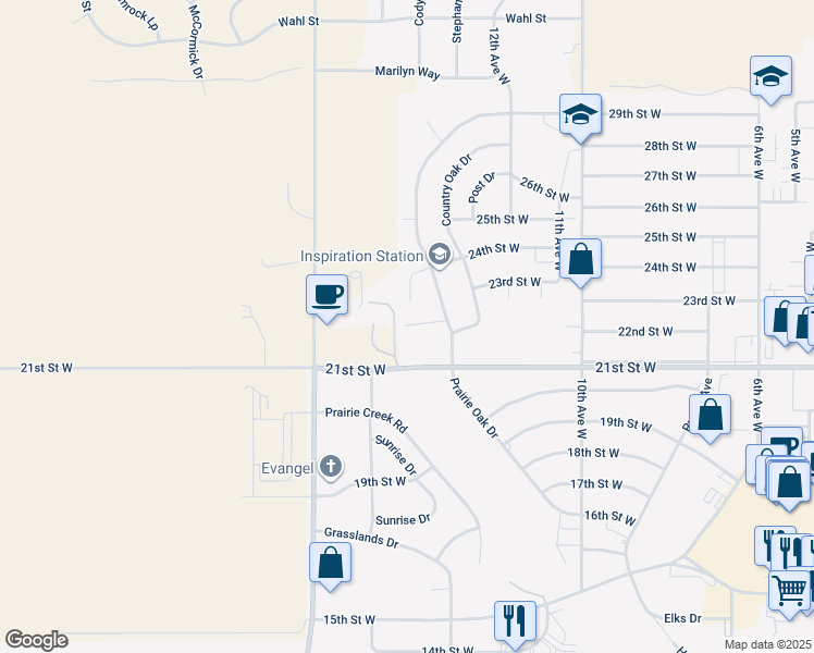 map of restaurants, bars, coffee shops, grocery stores, and more near 1300-1398 24th Street West in Dickinson