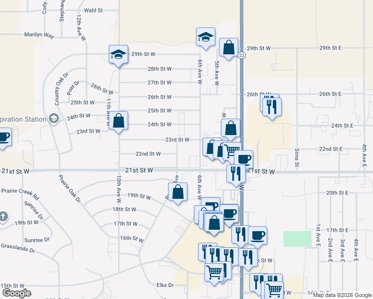 map of restaurants, bars, coffee shops, grocery stores, and more near 665 23rd Street West in Dickinson