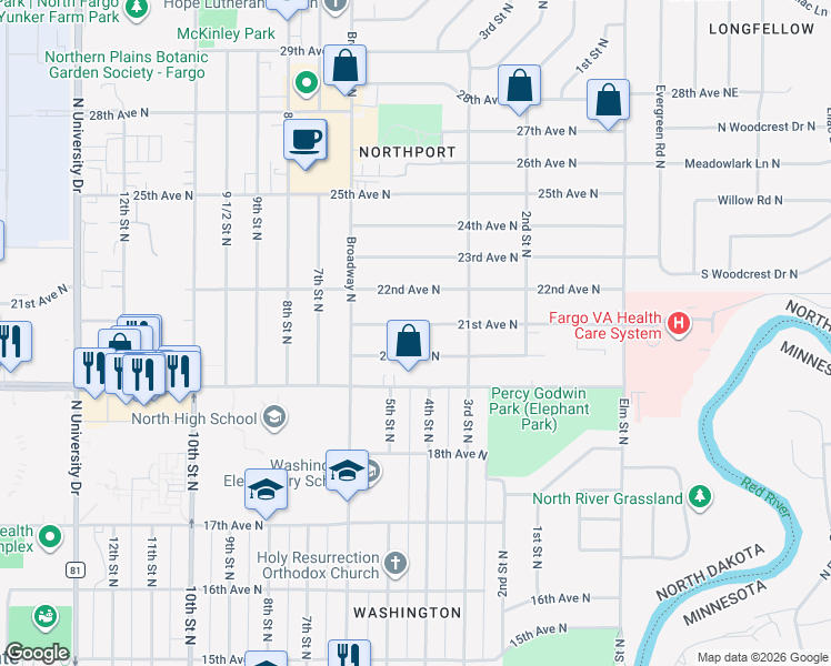 map of restaurants, bars, coffee shops, grocery stores, and more near 401 21st Avenue North in Fargo