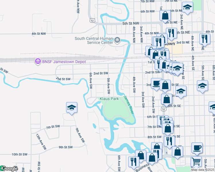 map of restaurants, bars, coffee shops, grocery stores, and more near 508 3rd Street Southwest in Jamestown