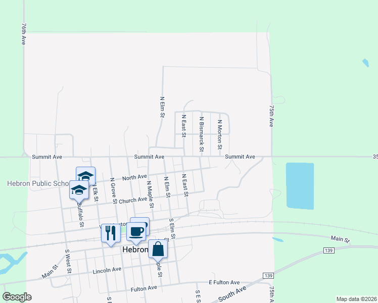 map of restaurants, bars, coffee shops, grocery stores, and more near 412 North East Street in Hebron