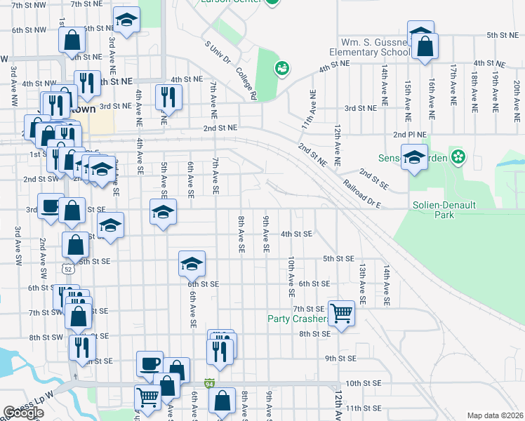 map of restaurants, bars, coffee shops, grocery stores, and more near 851-899 3rd Street Southeast in Jamestown