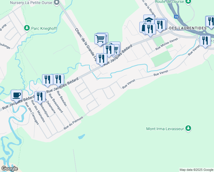 map of restaurants, bars, coffee shops, grocery stores, and more near 332 Rue Gaudias Villeneuve in Québec