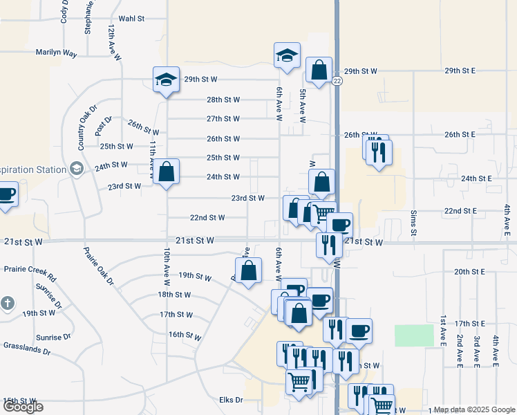 map of restaurants, bars, coffee shops, grocery stores, and more near 665 23rd Street West in Dickinson