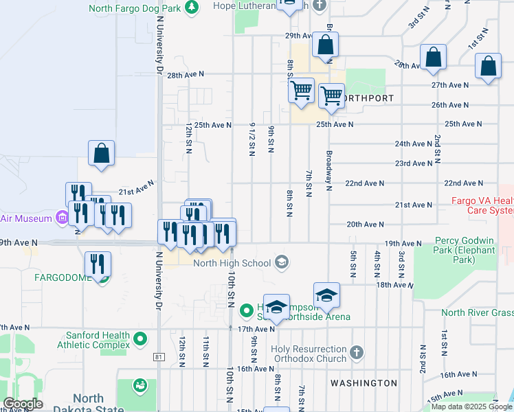 map of restaurants, bars, coffee shops, grocery stores, and more near 2017 9 1/2 Street North in Fargo