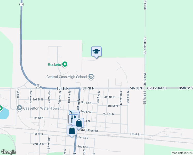 map of restaurants, bars, coffee shops, grocery stores, and more near 802 5th Street North in Casselton