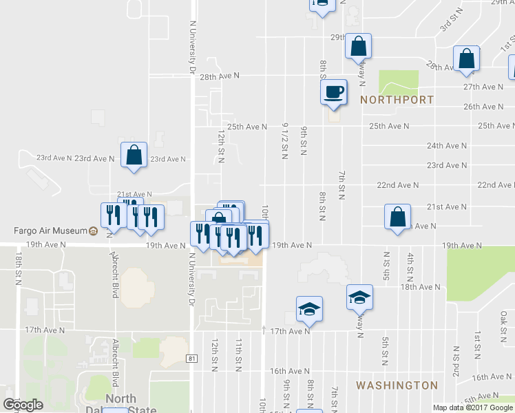 map of restaurants, bars, coffee shops, grocery stores, and more near 2018 10th Street North in Fargo