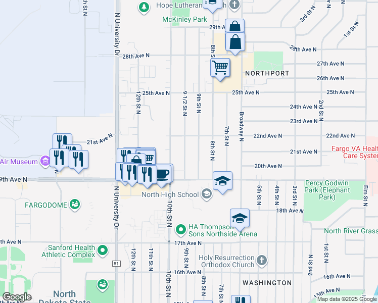 map of restaurants, bars, coffee shops, grocery stores, and more near 2017 9 1/2 Street North in Fargo
