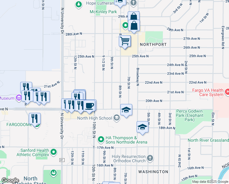 map of restaurants, bars, coffee shops, grocery stores, and more near 2017 9th St N in Fargo