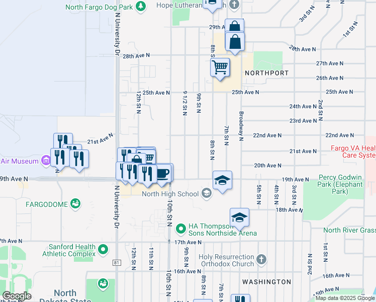 map of restaurants, bars, coffee shops, grocery stores, and more near 2017 9 1/2 Street North in Fargo