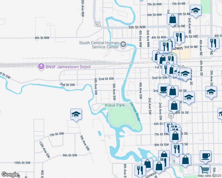 map of restaurants, bars, coffee shops, grocery stores, and more near 508 3rd Street Southwest in Jamestown