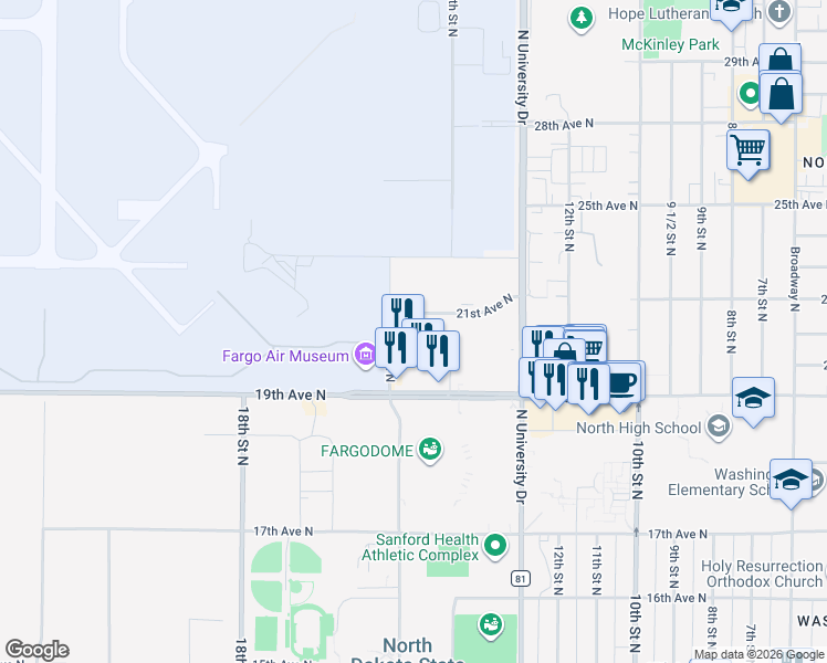 map of restaurants, bars, coffee shops, grocery stores, and more near 2021 16th Street North in Fargo