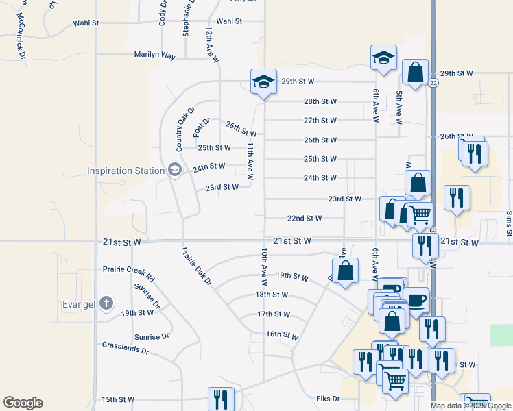 map of restaurants, bars, coffee shops, grocery stores, and more near 2275 10th Avenue West in Dickinson