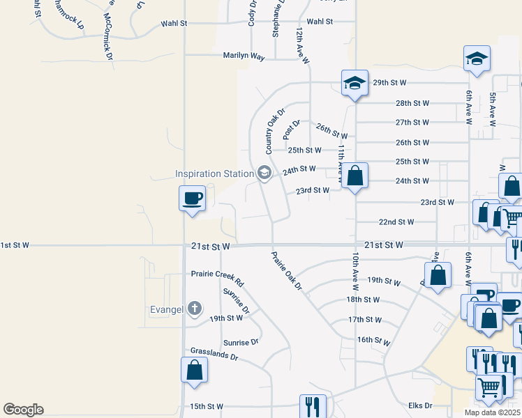 map of restaurants, bars, coffee shops, grocery stores, and more near 2272 Prairie Oak Drive in Dickinson