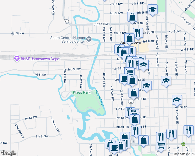 map of restaurants, bars, coffee shops, grocery stores, and more near 418 3rd Street Southwest in Jamestown