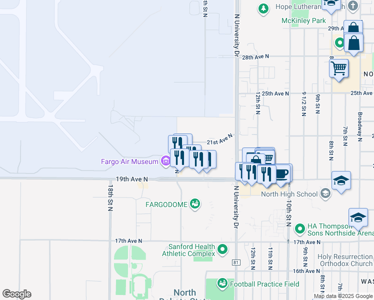 map of restaurants, bars, coffee shops, grocery stores, and more near 2021 16th Street North in Fargo
