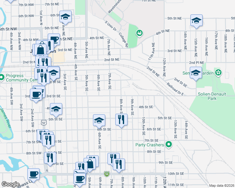 map of restaurants, bars, coffee shops, grocery stores, and more near 715 3rd Street Southeast in Jamestown