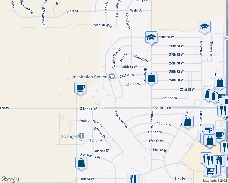 map of restaurants, bars, coffee shops, grocery stores, and more near 2272 Prairie Oak Drive in Dickinson