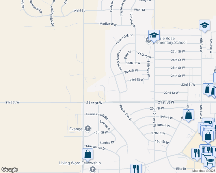 map of restaurants, bars, coffee shops, grocery stores, and more near 2298 Sparrow Drive in Dickinson