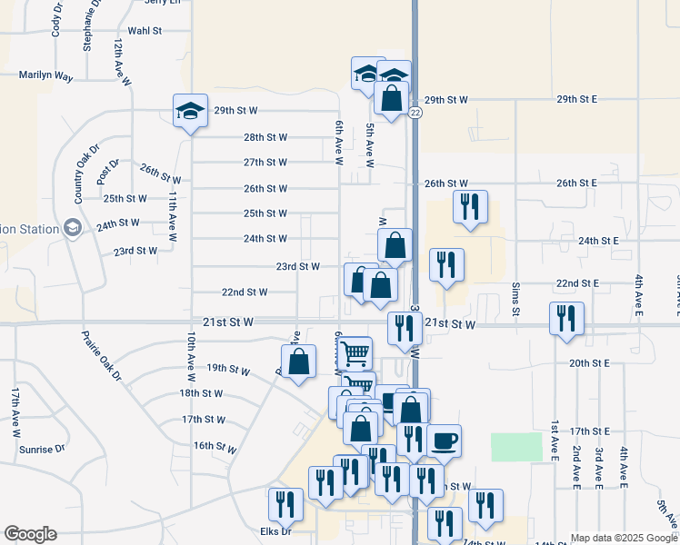 map of restaurants, bars, coffee shops, grocery stores, and more near 2156 6th Street West in Dickinson