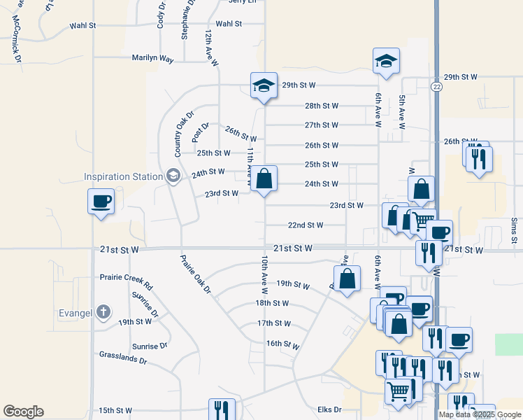 map of restaurants, bars, coffee shops, grocery stores, and more near 2275 10th Avenue West in Dickinson