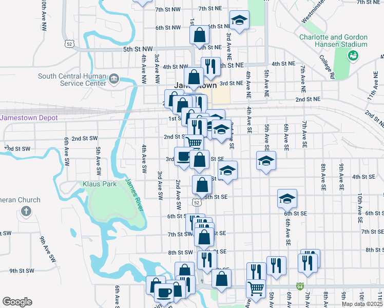 map of restaurants, bars, coffee shops, grocery stores, and more near 222 1st Avenue South in Jamestown