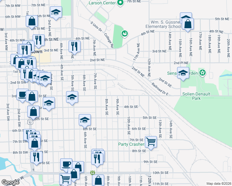 map of restaurants, bars, coffee shops, grocery stores, and more near 851 3rd Street Southeast in Jamestown