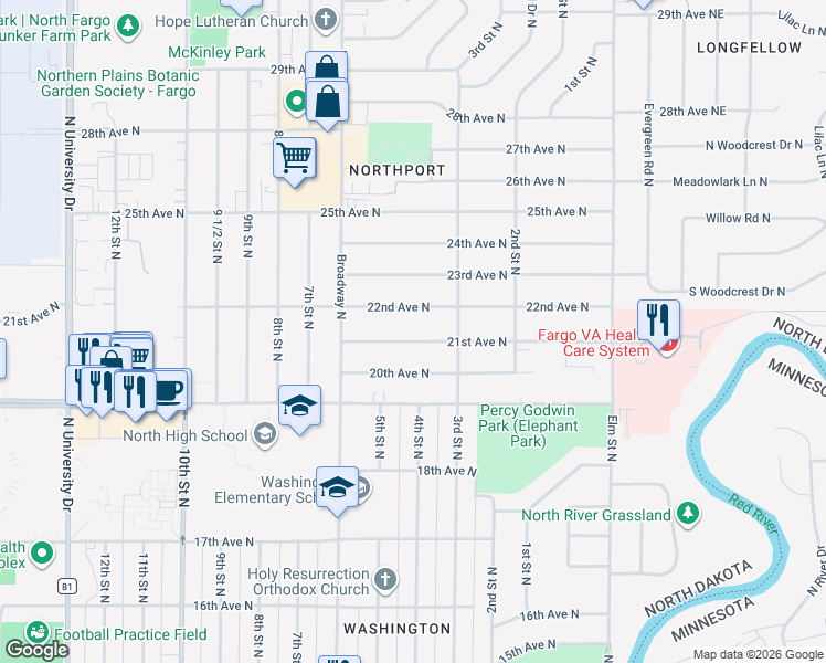 map of restaurants, bars, coffee shops, grocery stores, and more near 401 21st Avenue North in Fargo