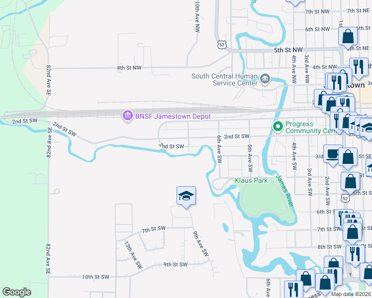 map of restaurants, bars, coffee shops, grocery stores, and more near 701 2nd Street Southwest in Jamestown