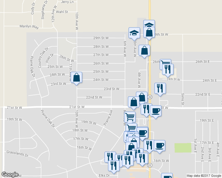 map of restaurants, bars, coffee shops, grocery stores, and more near 689 23rd Street West in Dickinson