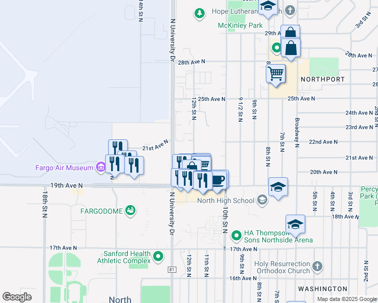 map of restaurants, bars, coffee shops, grocery stores, and more near 2102 12th Street North in Fargo