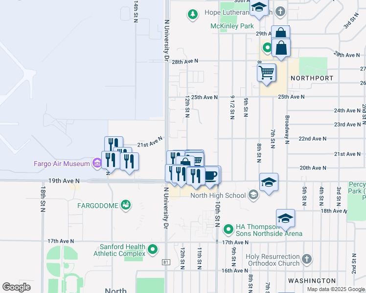 map of restaurants, bars, coffee shops, grocery stores, and more near 2102 12th Street North in Fargo