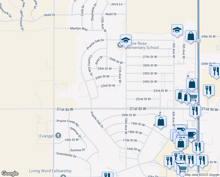 map of restaurants, bars, coffee shops, grocery stores, and more near 1190 23rd Street West in Dickinson