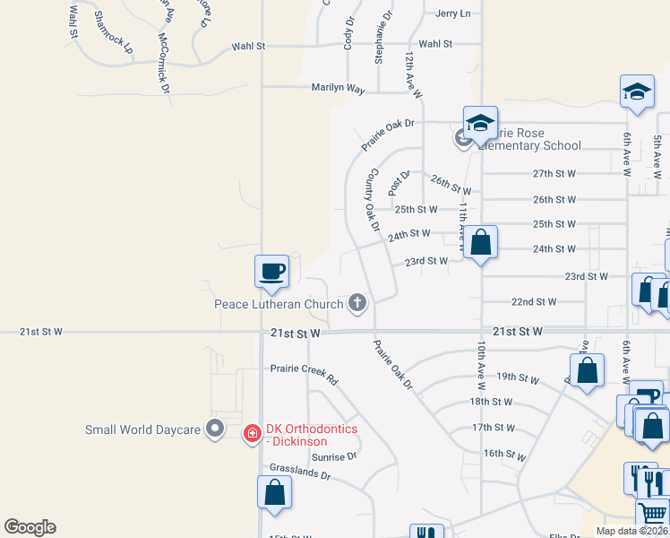map of restaurants, bars, coffee shops, grocery stores, and more near 1300-1398 24th Street West in Dickinson