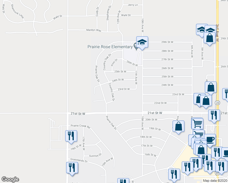 map of restaurants, bars, coffee shops, grocery stores, and more near 1298 23rd Street West in Dickinson