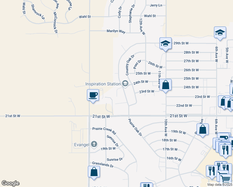map of restaurants, bars, coffee shops, grocery stores, and more near 1300-1398 24th Street West in Dickinson